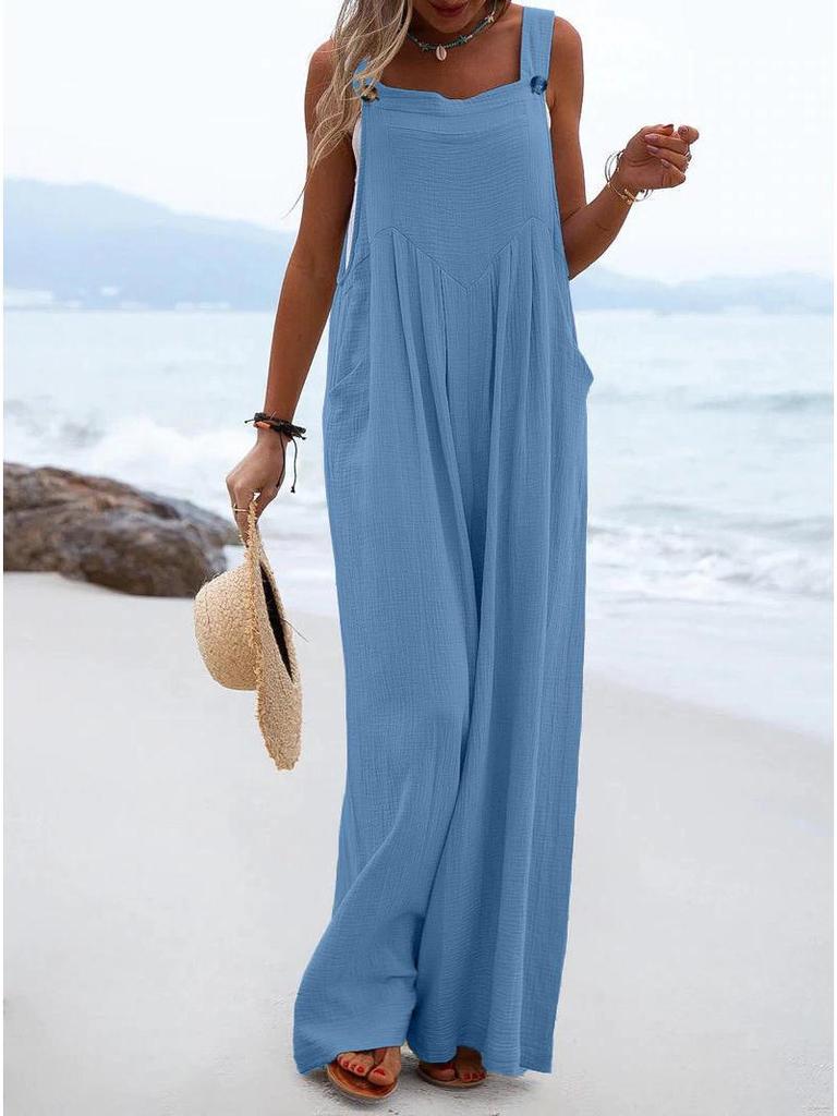 Women's Solid Color Casual Button Jumpsuit - European & American Style
