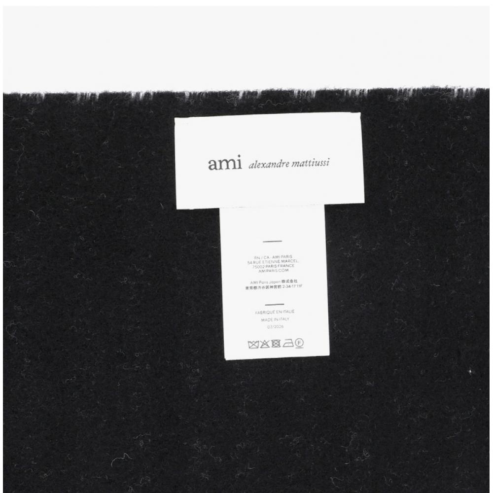 Ami Dr Le De Monsieur Heart Logo Leather Patch Fringe Check Scarf Usf699 Aw0059