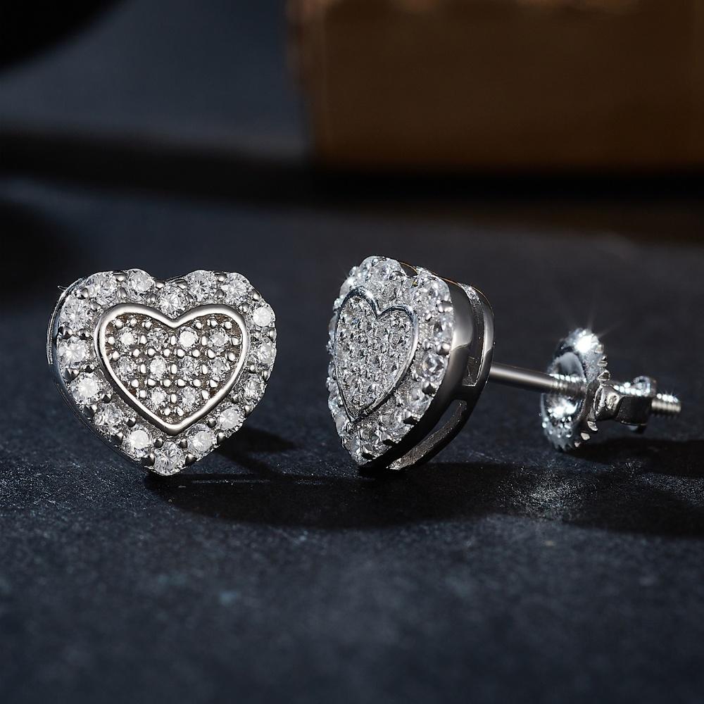 Сердце Настоящий Муассанит Женские Серьги-пусеты 14K Покрытие белым золотом
