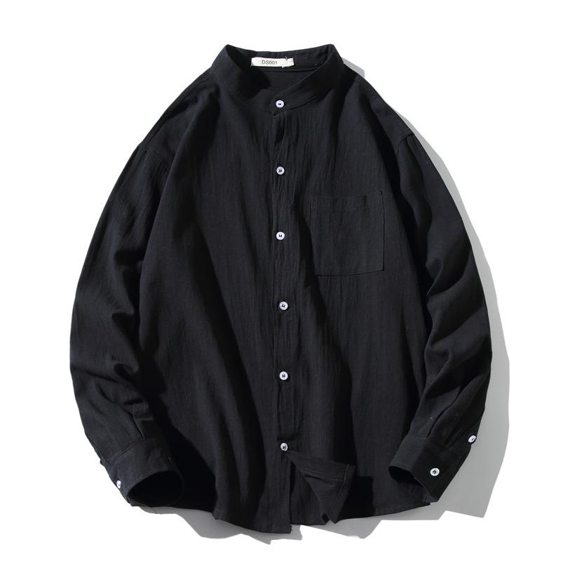 Мужская рубашка облегающего кроя из льна и хлопка в японском стиле в стиле ретро, с длинным рукавом, воротником-стойкой, повседневным универсальным дизайном.