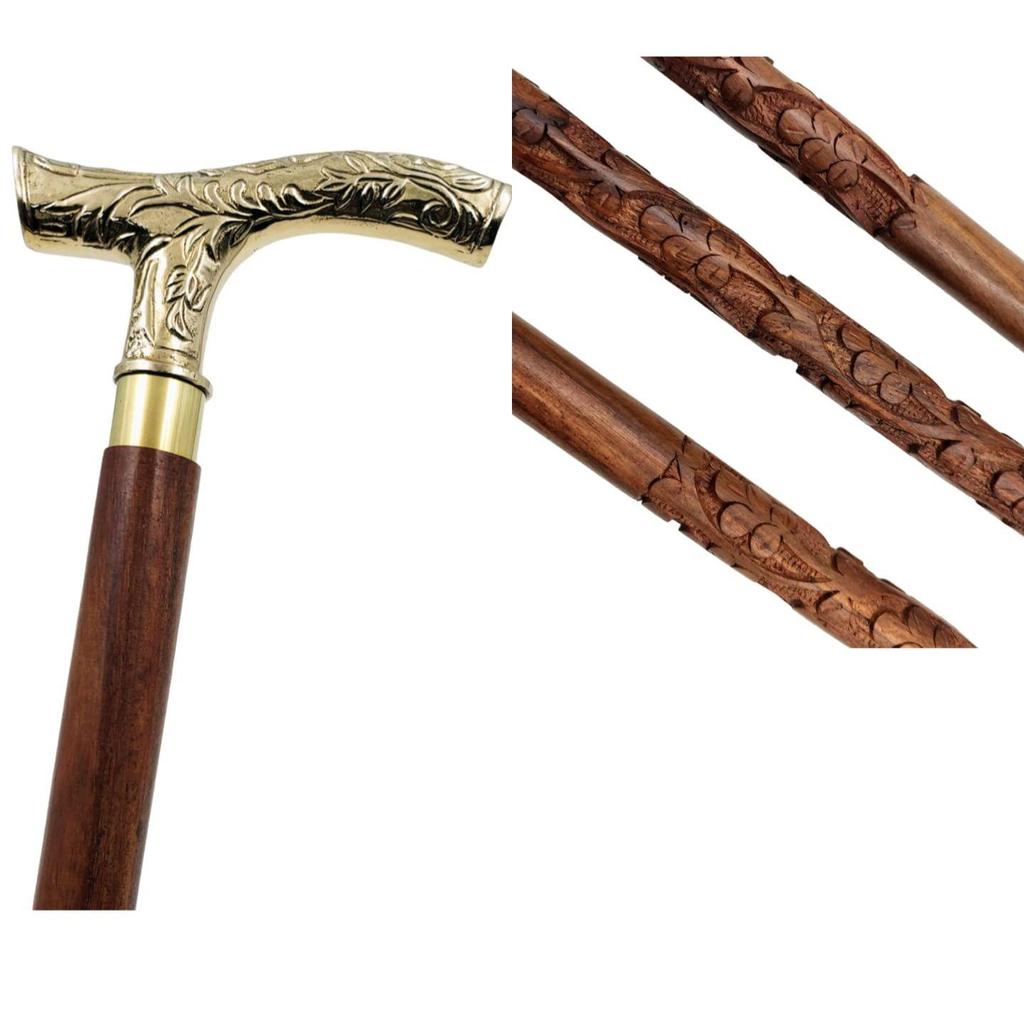 Brass Royal Handle Royal Special Carving Design Wood Walking Stick Cane 3 Fold Open Nautical Vintage Style