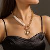 Punk Exaggerated Chunky Chain Asymmetric Imitation Pearls Necklace For Women Fashion Geometric Heart Lock Pendant Collar Jewelry