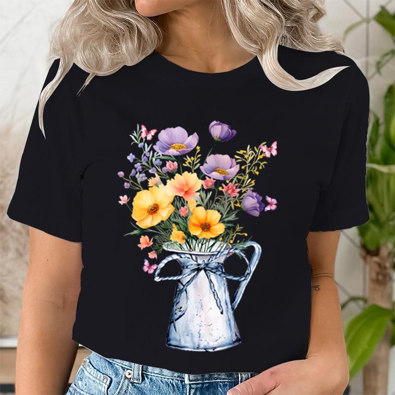 Женская футболка с винтажным принтом диких цветов и круглым вырезом, повседневные топы, летние футболки с цветочным принтом в ботаническом стиле, для любителей природы, цветочное искусство, полевые цветы