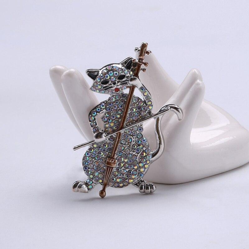 Blucome Cat Playing The Violin Shape Brooches for Women Girls Simulated Zircons Gold Color Jewelry Pins