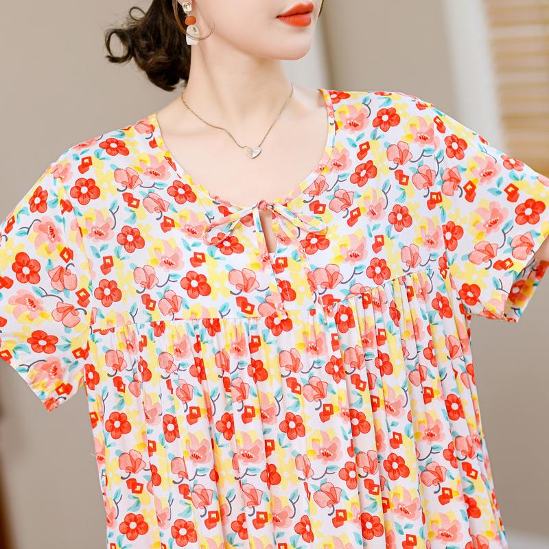 Plus Size Elegant Loose Dresses for Women Oversize Short Sleeve Vintage Print Long Dress Casual Middle-aged Women's Clothing