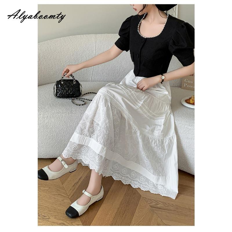 Корейский шик весна-лето женская юбка миди с эластичной талией, черная, белая, с цветочной вышивкой, ажурная юбка, элегантные женственные юбки для вечеринок
