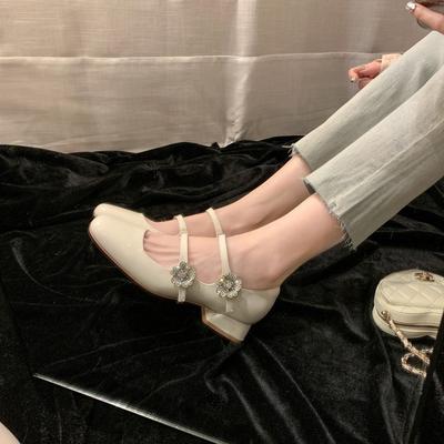 Туфли квадратный носок стразы цветок бриллиант толстый каблук Мэри Джейн одинарные туфли женские свадебные туфли весна