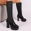 Женские ботфорты Супервысокий каблук Круглый носок Боковая молния Платформа Задний блочный каблук Кожаные сапоги