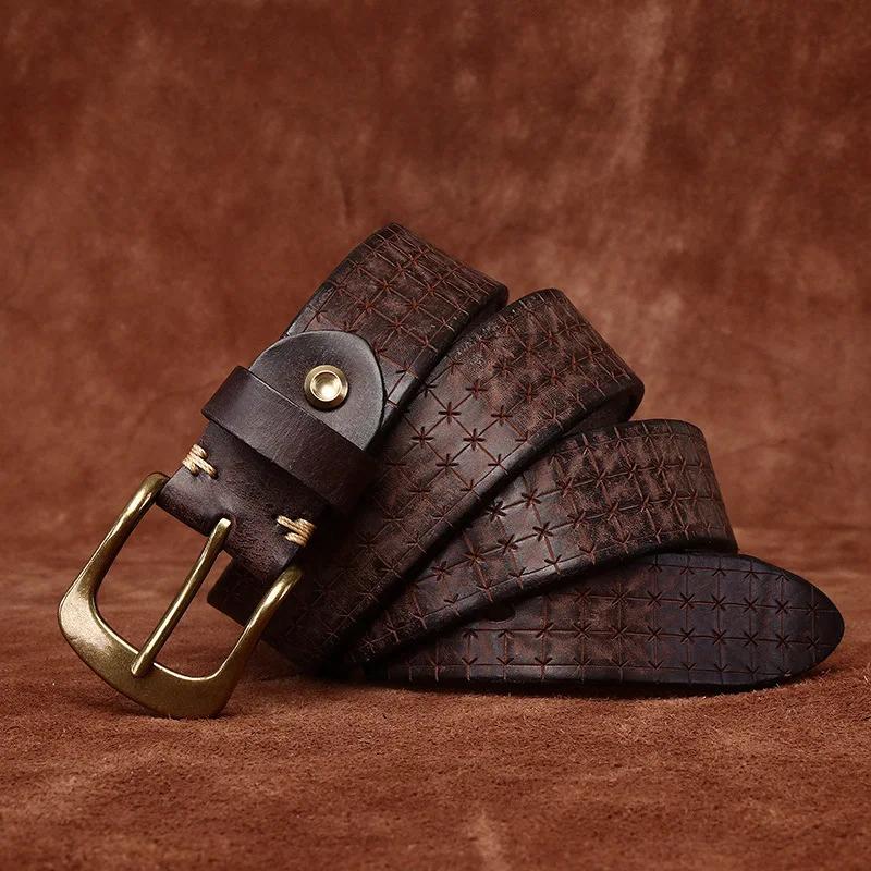 3.8CM High Quality Pure Cowhide Genuine Leather Men's Brass Buckle 5.5mm Thick Belts Retro Jeans Waistband Male Belts for Men