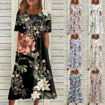 Жен. Повседневные платья Платья с принтами Летние платья С принтами Плиссированные платья-миди с круглым вырезом Классический Классический На открытом воздухе Повседневные С короткими рукавами Свободные платья