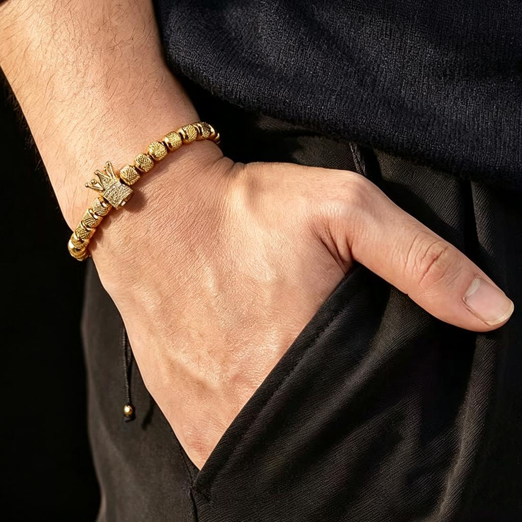 Браслет из нержавеющей стали с покрытием 18K золотом, бусина-корона с фианитами, ананас, плетеный шнур, водостойкий, не тускнеющий, мужские украшения