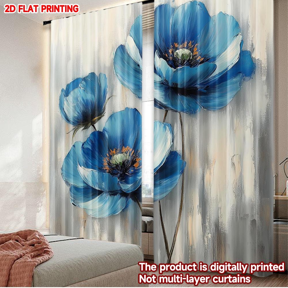 2D flat printing 2pcs Curtain Drapes Blue Blossoms Digital Printed Polyester Drapes Family Party Decoration Perfect for Holiday