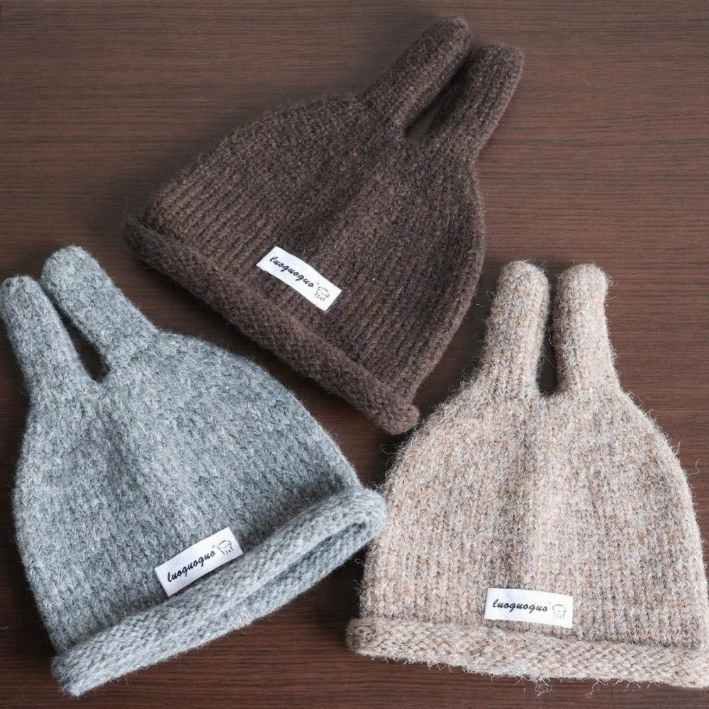 Soft Knitted Kids Pullover Hat Rolled Edge Rabbit Ear Knit Hat Cute Baby Beanie  For Boys Girls