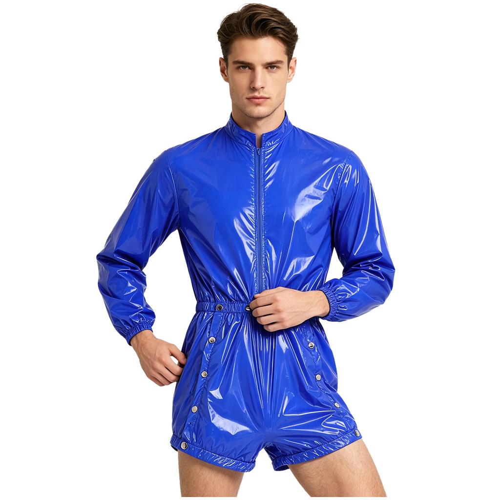 Men Water Resistant Diaper Coveralls Press Button Crotch Bodysuit Stand Collar Long Sleeve Front Zipper Elastic Waist Jumpsuit for Incontinence Care