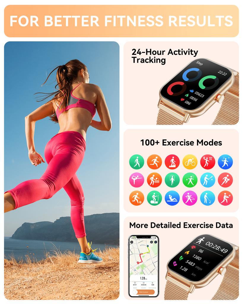Умные часы, женские и мужские, фитнес-трекер с диагональю 1,85 дюйма, функцией ответа/вызова/напоминания о сообщениях, 100 спортивных режимов