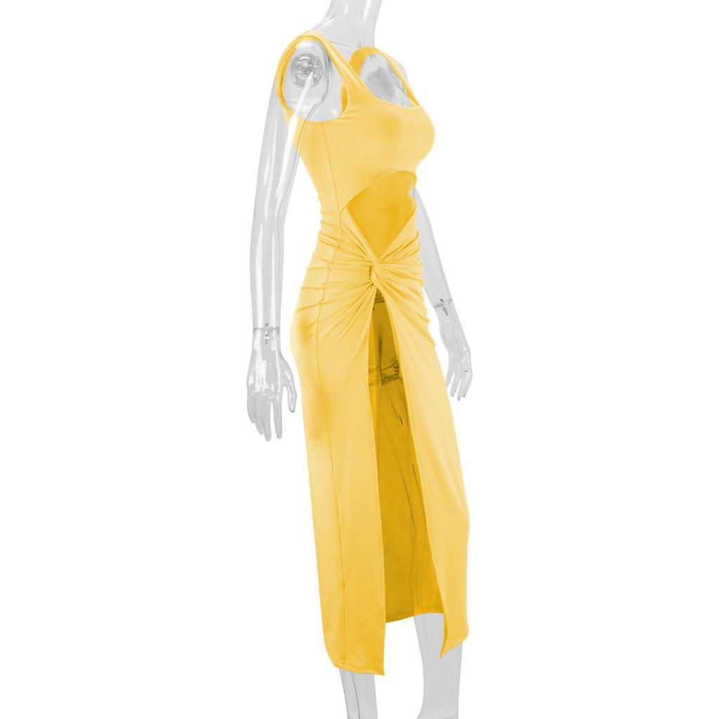 Women Long Dress Solid Color Hollow Navel Sexy Dress