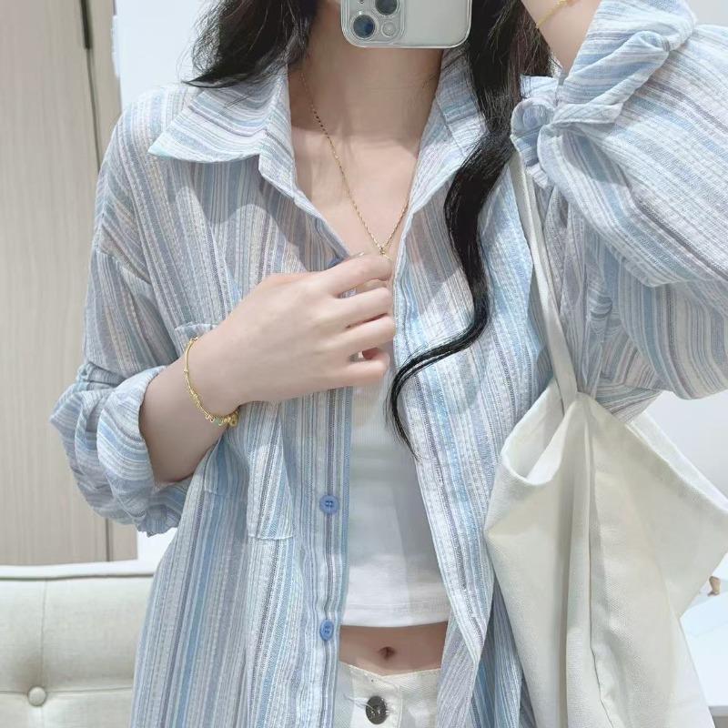 Модная свободная повседневная полосатая рубашка для женщин, весна-лето, застегивающаяся на пуговицы, солнцезащитные блузки, женские топы, элегантные простые офисные женские рубашки 26113