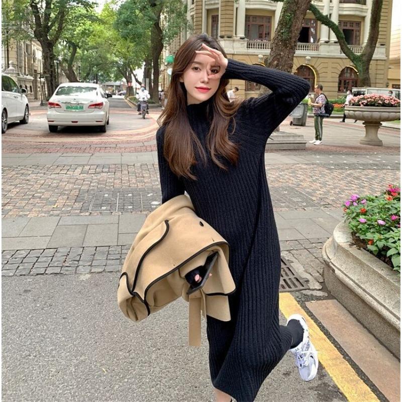 Полуводолазка длинный свитер выше колена вязаное базовое платье с длинным платьем внутри женская осенняя новая модель