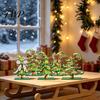 Vintage Cartoon Style Ornaments 5 Pcs Wooden Tabletop Christmas Tree Signs, Rustic Standing Green Small Xmas Signs Desktop Ornament with Curly Topper