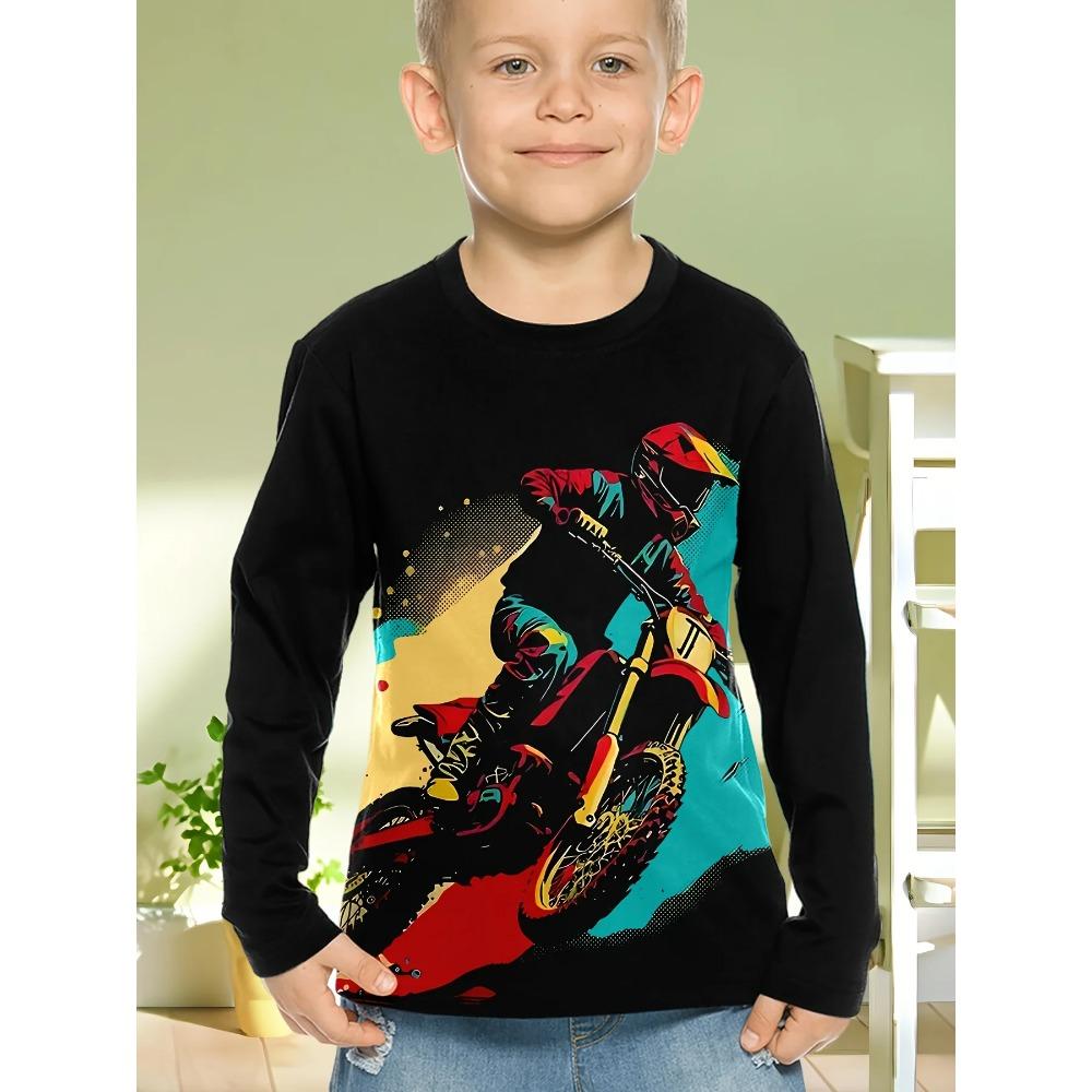 Spring and Autumn Round Neck Motorcycle Pattern 3D Printed Top Fashionable Casual Long Sleeved Children's Boy T-shirts