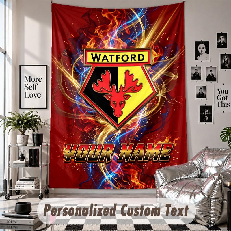 Wall Hanging Tapestry With Custom Name & Text, Watford FC Decorative Tapestry For Bedroom