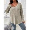 Women's Solid Color Long-sleeved V-neck Plus Size Pit Striped Brushed T-shirt