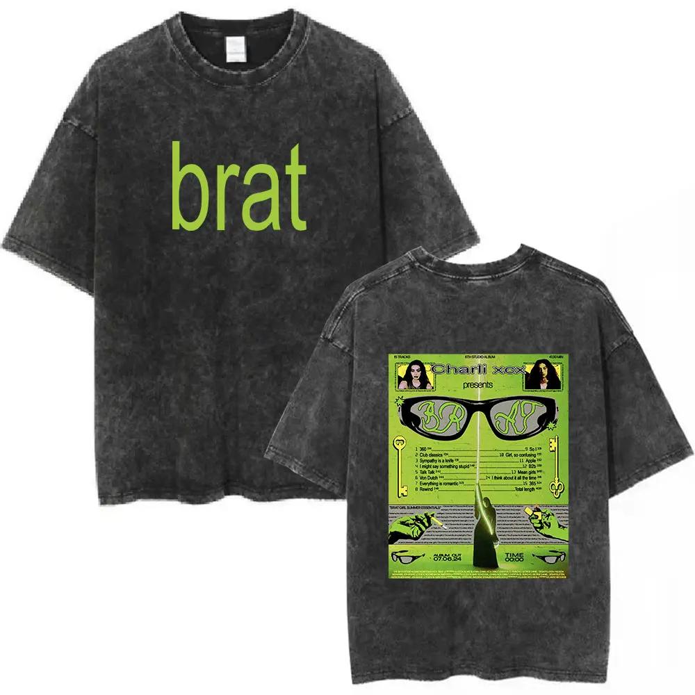 Charli Xcx Brat  Arena Tour Washed T Shirts Men Women Fashion Pop Music Tshirts Cotton Vintage Tshirt Oversized Streetwear