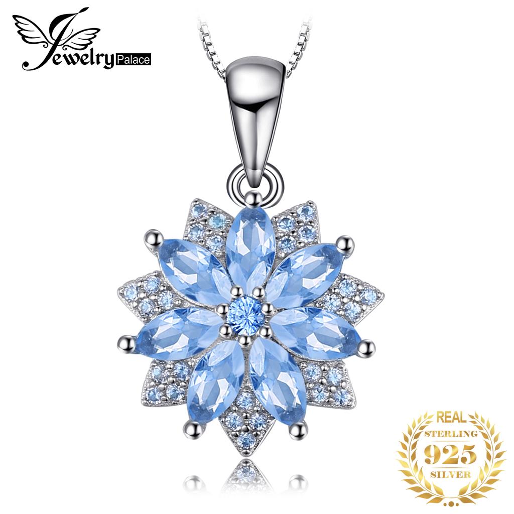 JewelryPalace Flower 1.2ct Created Blue Spinel 925 Silver Pendant Necklace for Woman Fashion Gift Fine Jewelry No Chain