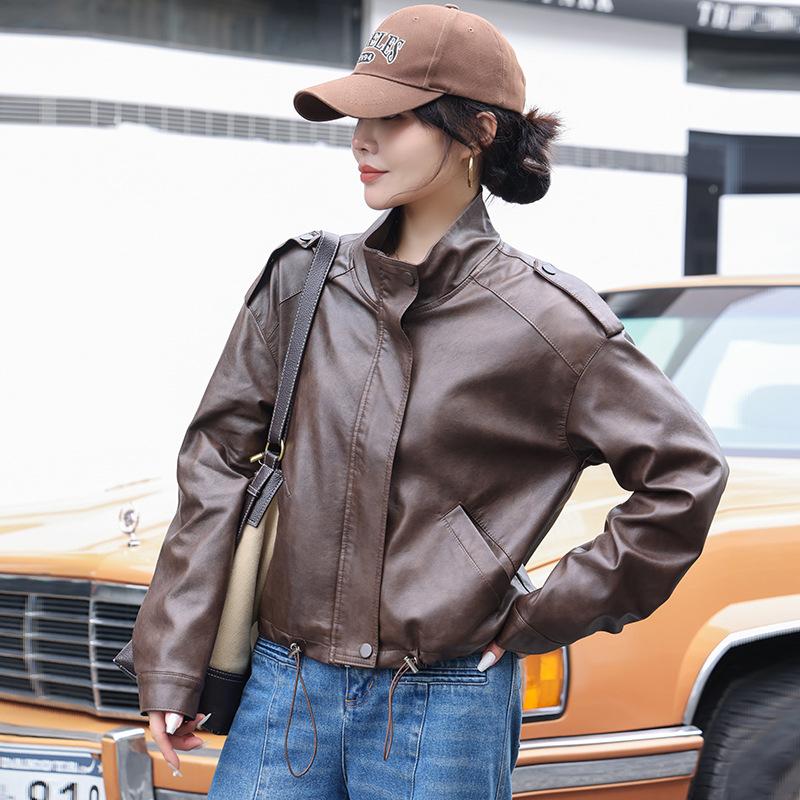 Brown Pu Leather Jacket Women's Spring and Autumn New Style Small Man Arcade Motorcycle Hong Kong Style Retro Casual Short Jacket