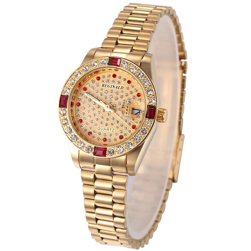 REGINALD Golden Lady Watch Date Crystal Styles Women's Dress Clock Water Proof Dress Wristwatch