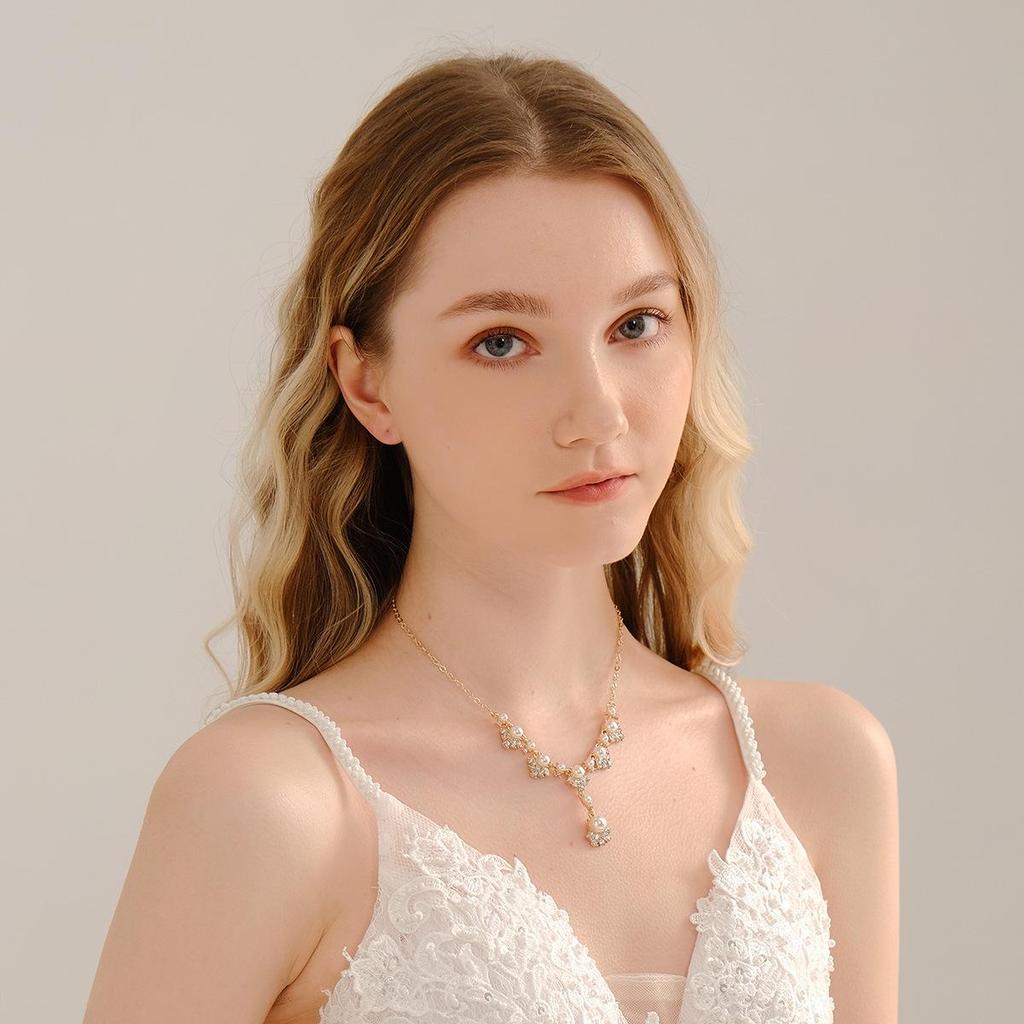 Комплект ювелирных изделий для новобрачных: Серьги и ожерелье из жемчуга и страз для женщин. Идеально подходит для трансграничных свадеб.