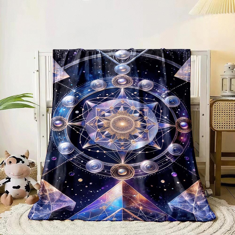 A celestial geometric design featuring radiating circles, stars, and pyramids. for all seasons blanket lunch break throw gift