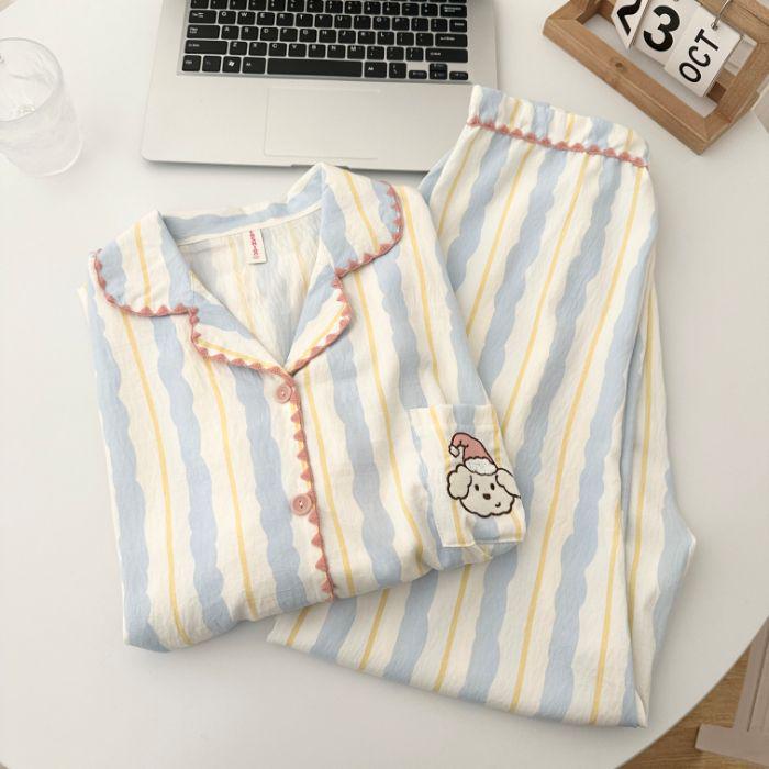 Женский пижамный комплект из облачного хлопка в желтую клетку с отделкой по краю в виде ракушек - С длинным рукавом, для дома на весну/осень, с ощущением высокого качества.