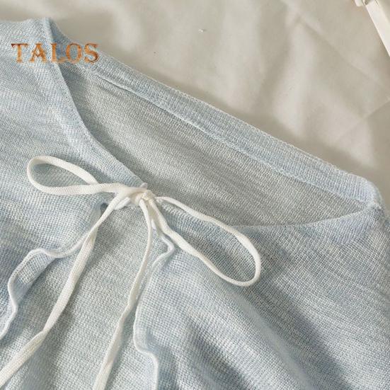 Солнцезащитный трикотажный кардиган для женщин с завязками спереди, длинными рукавами, прозрачной сеткой, пляжной накидкой с оборками и тонкими рубашками с защитой от ультрафиолета