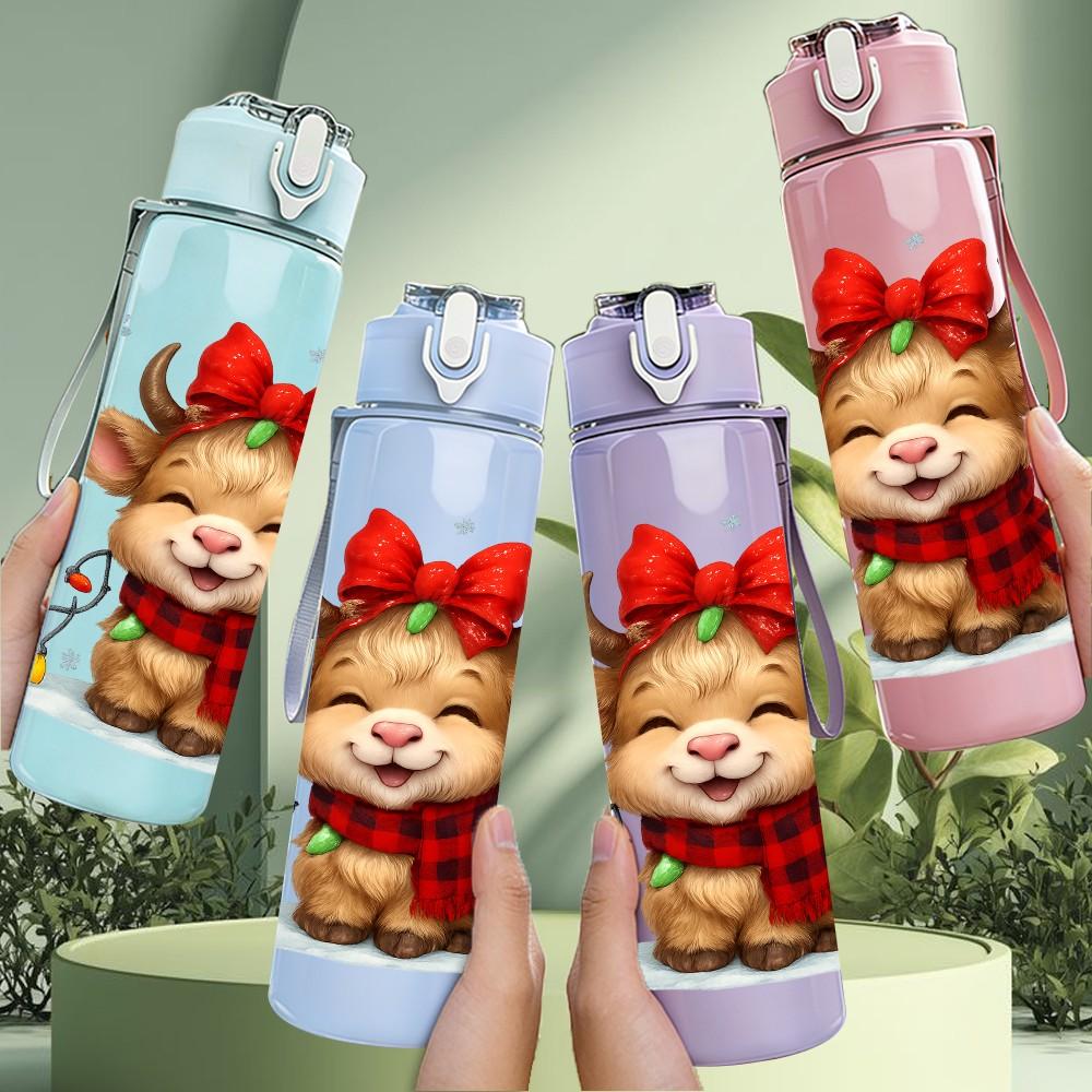 1PC Bow Decor Baby Cow Christmas 750ml Color Plastic Sports Water Bottle Leakproof Flip Straw Lid Suitable for Sports Office Home Use