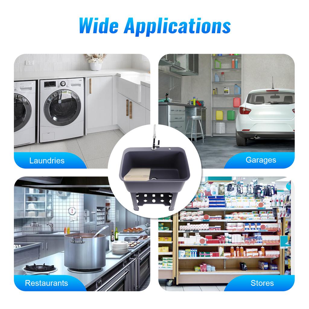 Отдельностоящая хозяйственная раковина со смесителем, большая раковина для прачечной объемом 48 л, серая/черная полипропиленовая чаша для прачечной, гаража, кухни