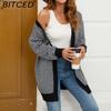 BITCED Oversized Long Cardigan Sweater for Women Autumn/Winter Lazy Style Striped Colour-Block Knit Cardigan