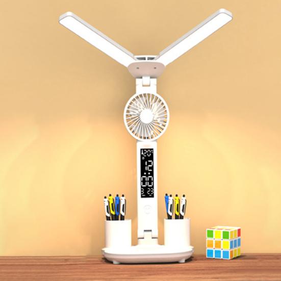 3-в-1 светодиодная настольная лампа с охлаждающим вентилятором, держателем для ручек, дизайном без мерцания, регулируемой яркостью, сенсорным управлением, многоугловым вращением, офисная настольная лампа