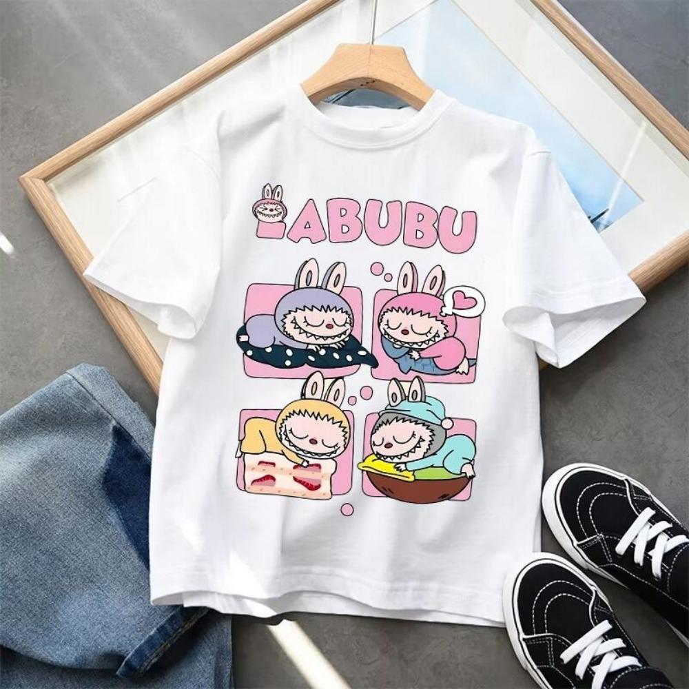 Мультяшная детская футболка с коротким рукавом Labubu, повседневный топ, унисекс, летний, с круглым вырезом, с принтом, одежда для девочек
