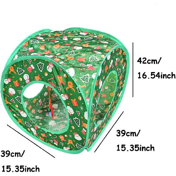 Christmas Cat Tunnel Cube Playhouse – Foldable Holiday Cat Cube with Peek Hole and Tunnel Fun for Indoor Cats