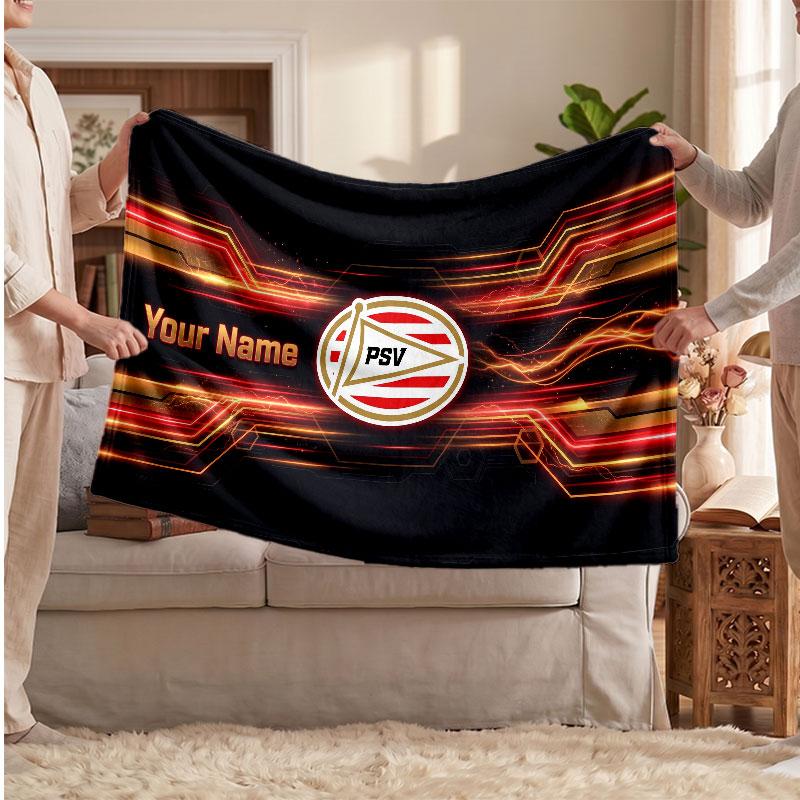 PSV Eindhoven FC Personalized Fleece Blanket With Football Logo, Custom Name Text Soft Warm Home Throw Blanket