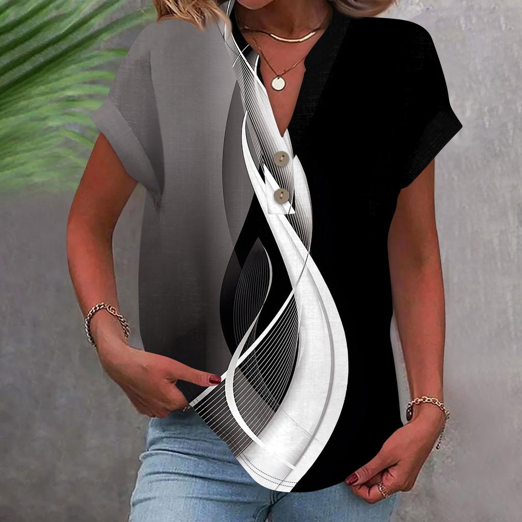 Женская модная повседневная рубашка с v-образным вырезом и коротким рукавом с принтом, футболка на пуговицах, топ