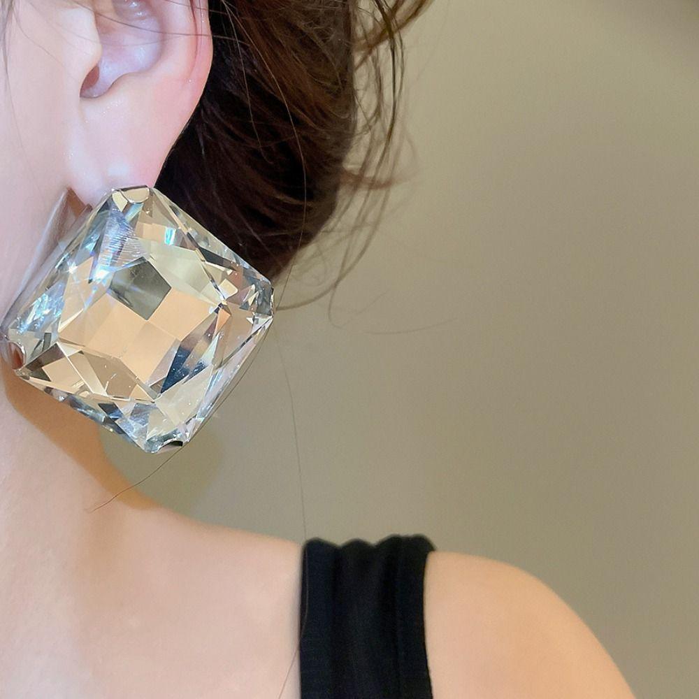 Square Shape Square Rhinestone Earrings Large Size Large Crystal Ear Stud