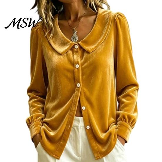 Slim Fit Top Fall Winter Women Velvet Shirt, Regular Button Down Long Sleeve Solid Color Blouse Top, Soft Lapel Collar for Lady