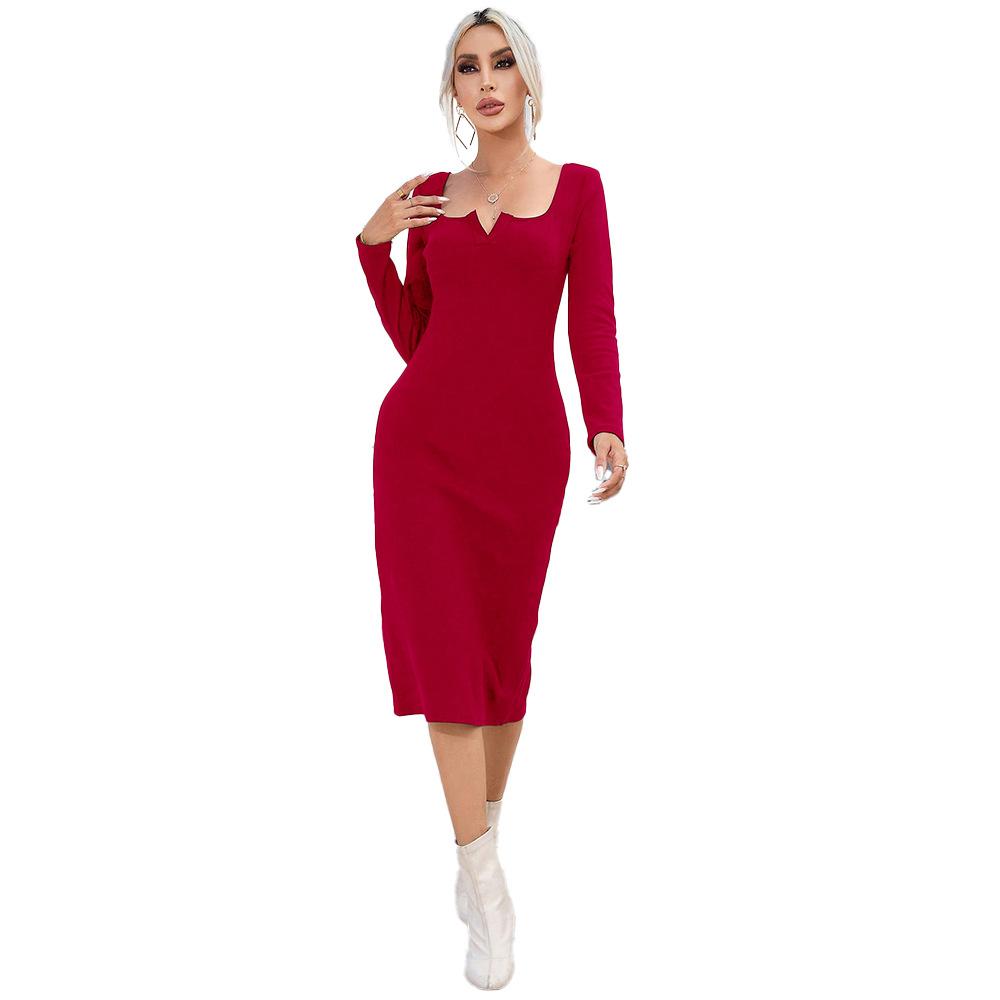 European and American square collar long-sleeved back hem split-ended temperament elegant and showing figure hip-wrapped long-sleeved dress