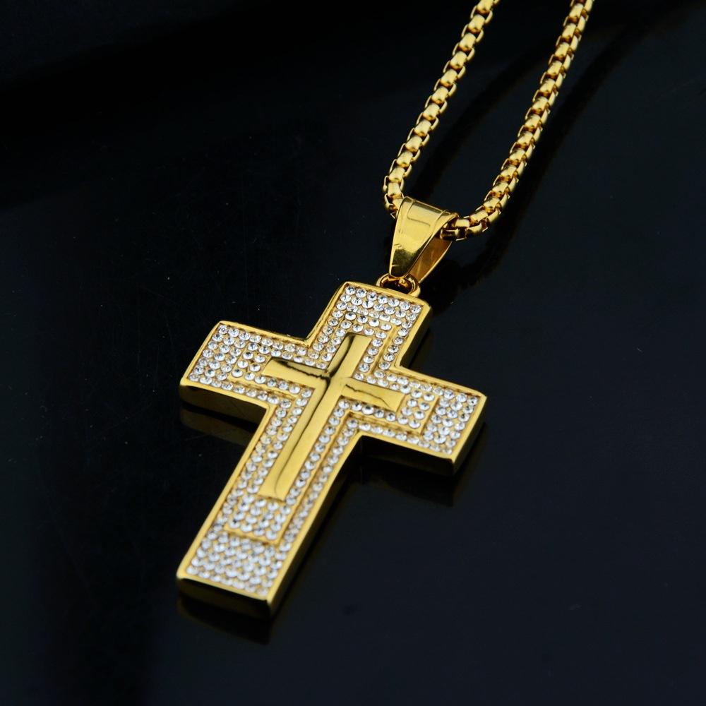Religious Fashion Iced Out Bling Jesus Cross Pendant Male Gold Color Stainless Steel Christian Big Necklace for Men Jewelry Gift