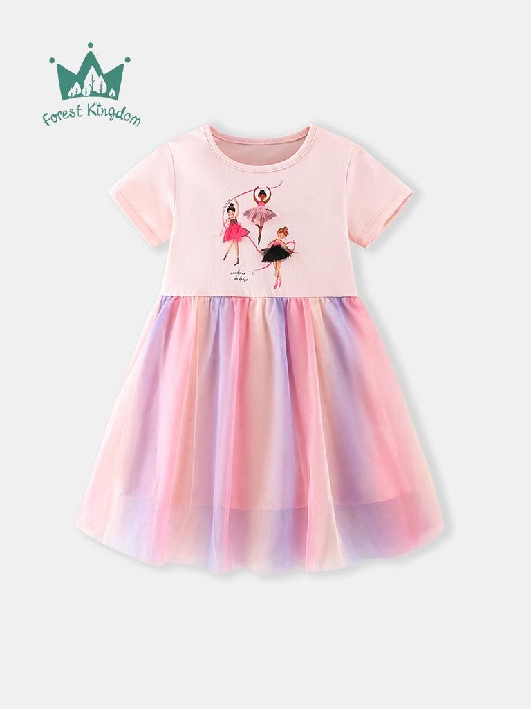 Весенне-летнее детское платье-сетка "Радуга" 26 лет - Милый принт, Круглый вырез, Короткий рукав, В наличии
