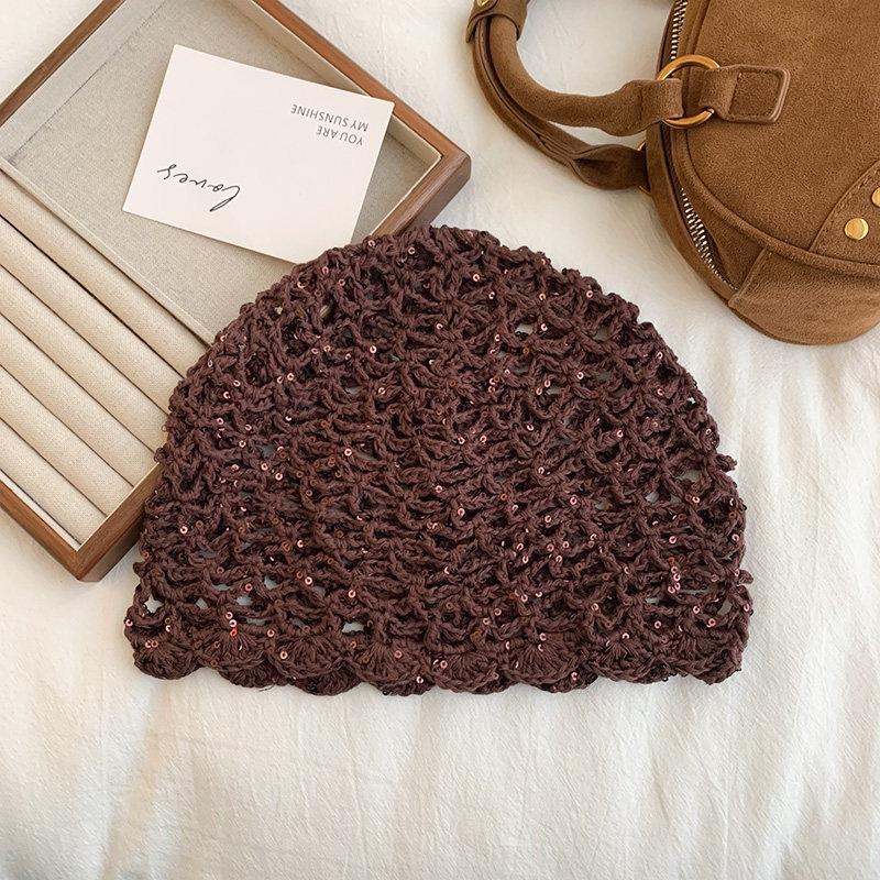 Japanese Hollow Sequins Handmade Knitted Pullover Hat Women'S Spring And Summer Travel Photo Atmosphere Fashion Bag Head Hat