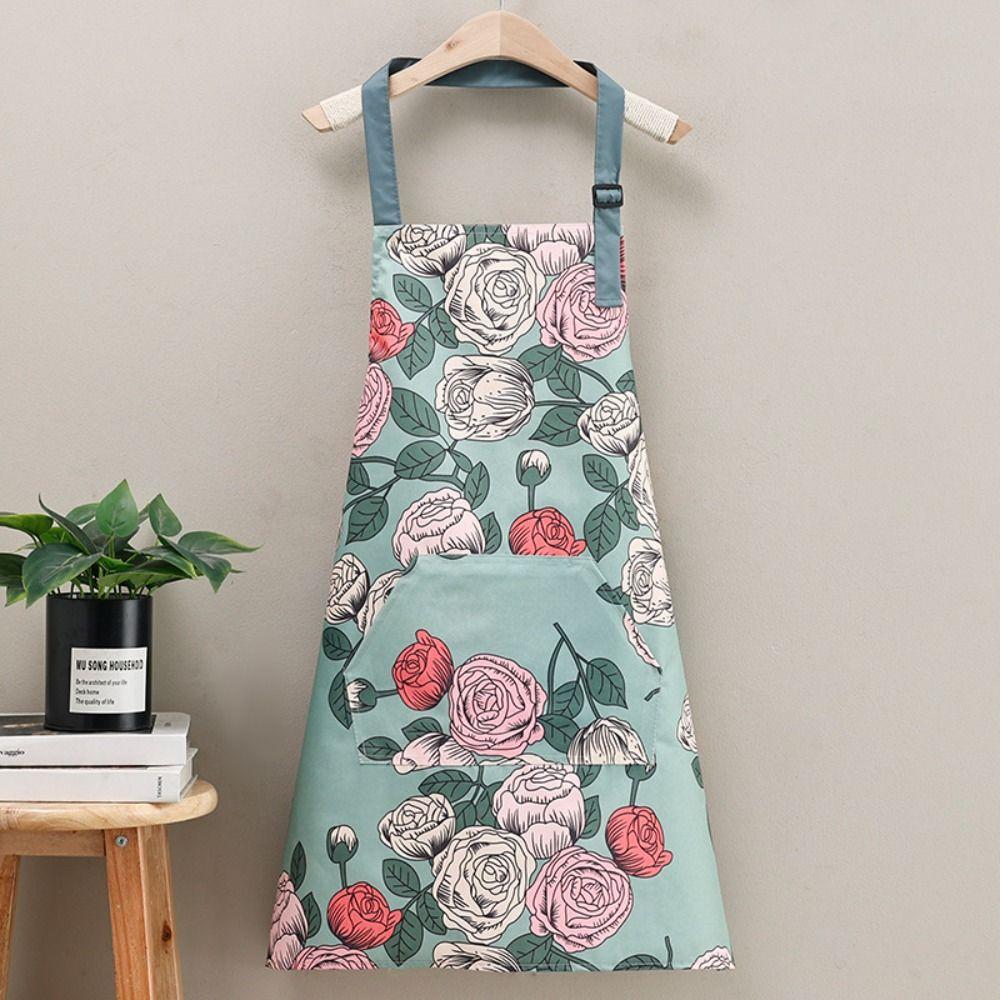 Rose Print Waterproof Apron With Hand Towel Restaurant Uniform Work Apron Household