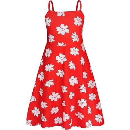 Girls Red Leaf Print Dress for Summer Halloween Christmas Costume Play